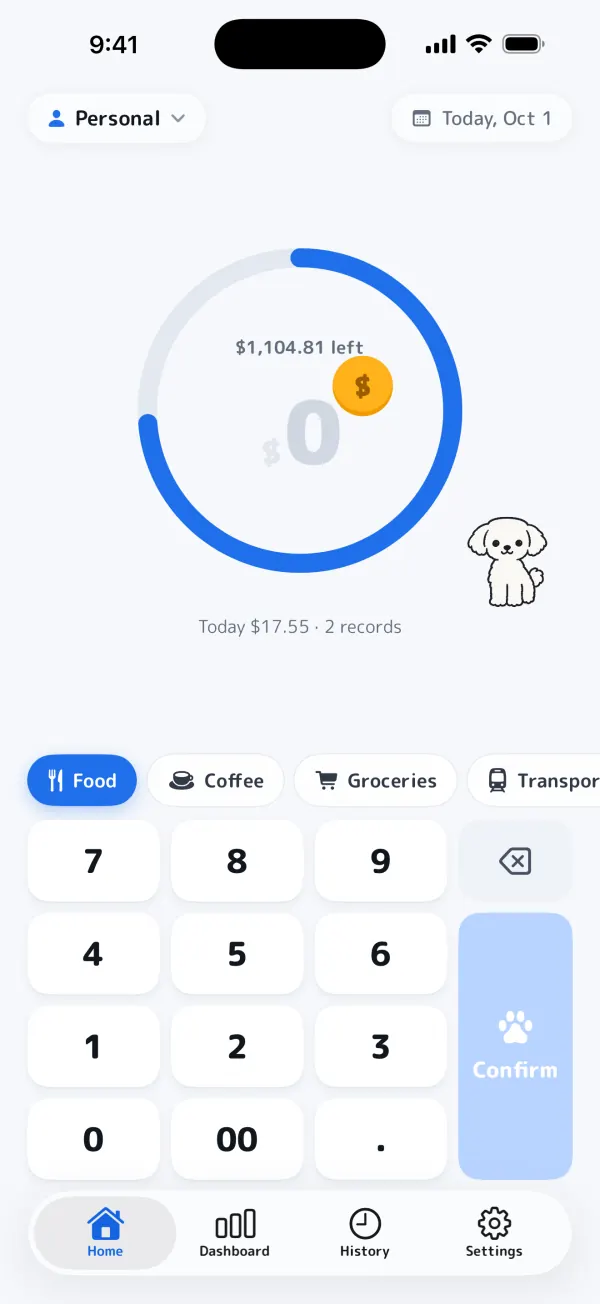 A coin flying to the dog right after recording an expense