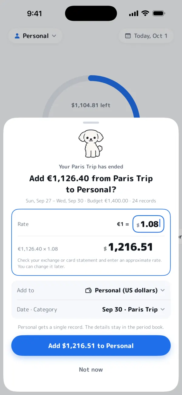 Converting the Paris Trip's €1,126.40 into dollars at a rate you enter before adding it to the personal book
