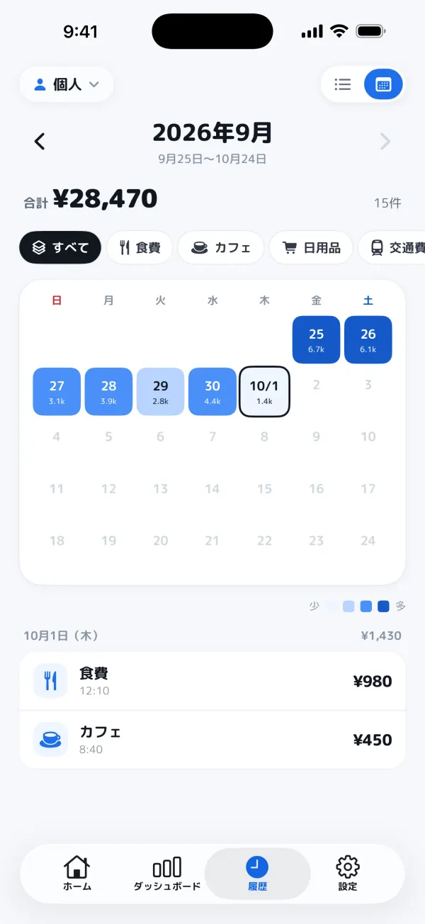 日ごとの合計を表示するカレンダー表示の履歴