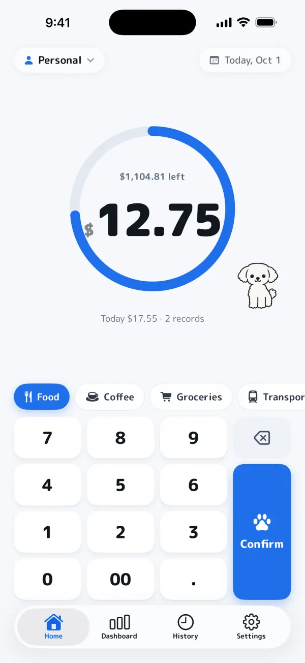 Home screen with the budget ring, the dog and the keypad