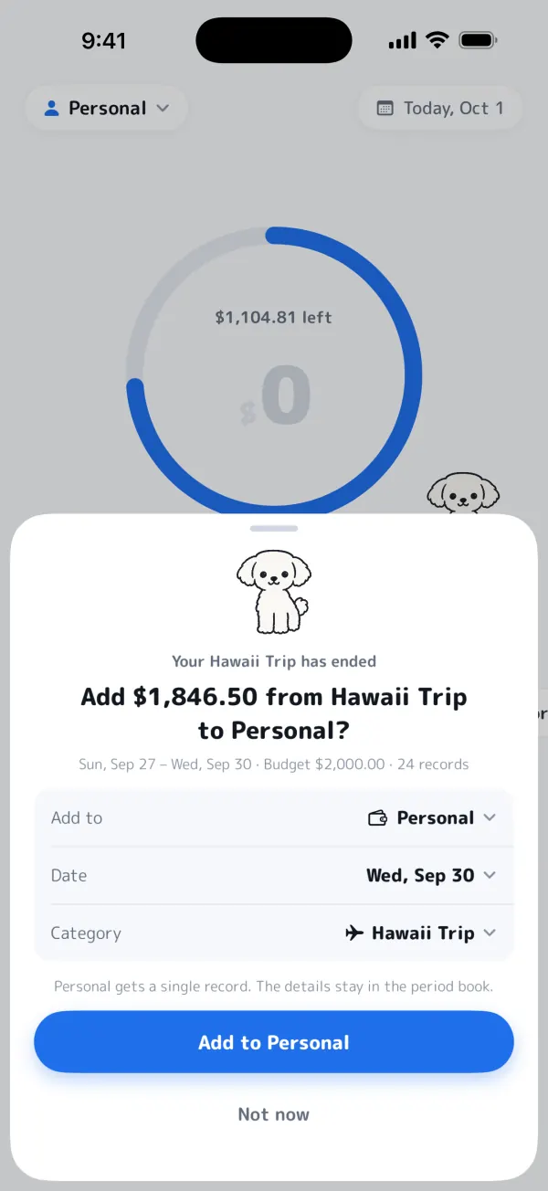After the Hawaii Trip ends, a prompt to add its $1,846.50 total to the personal book