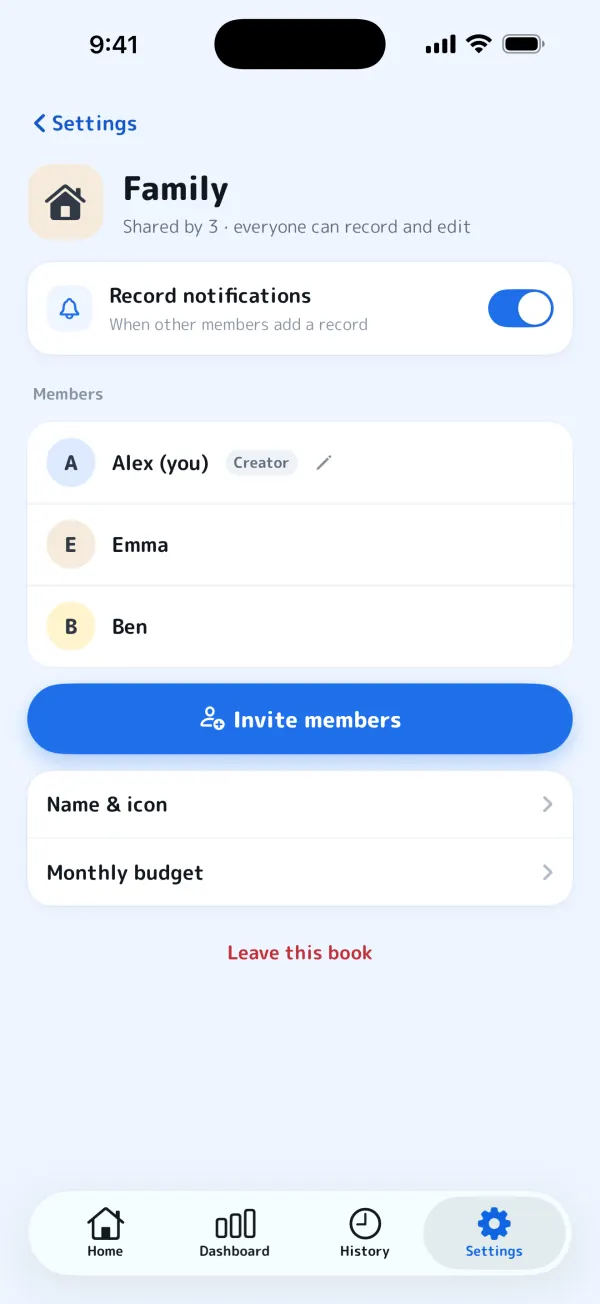 Family book settings with record notifications, three members and an Invite members button