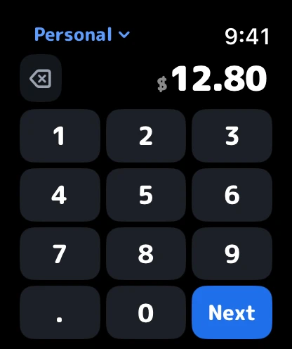 Entering $12.80 on the watch keypad