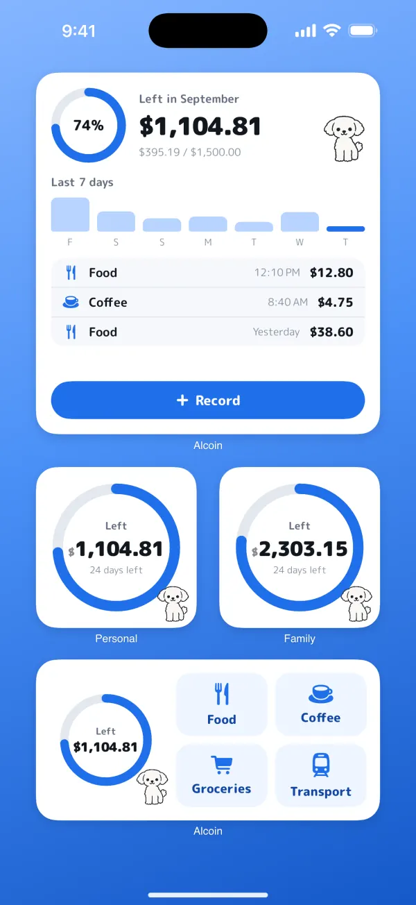 Home Screen with Alcoin's large, small and medium widgets