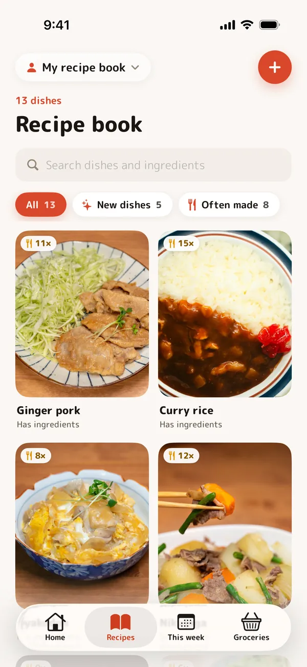 The recipe book as a two-column grid with All, New dishes and Often made