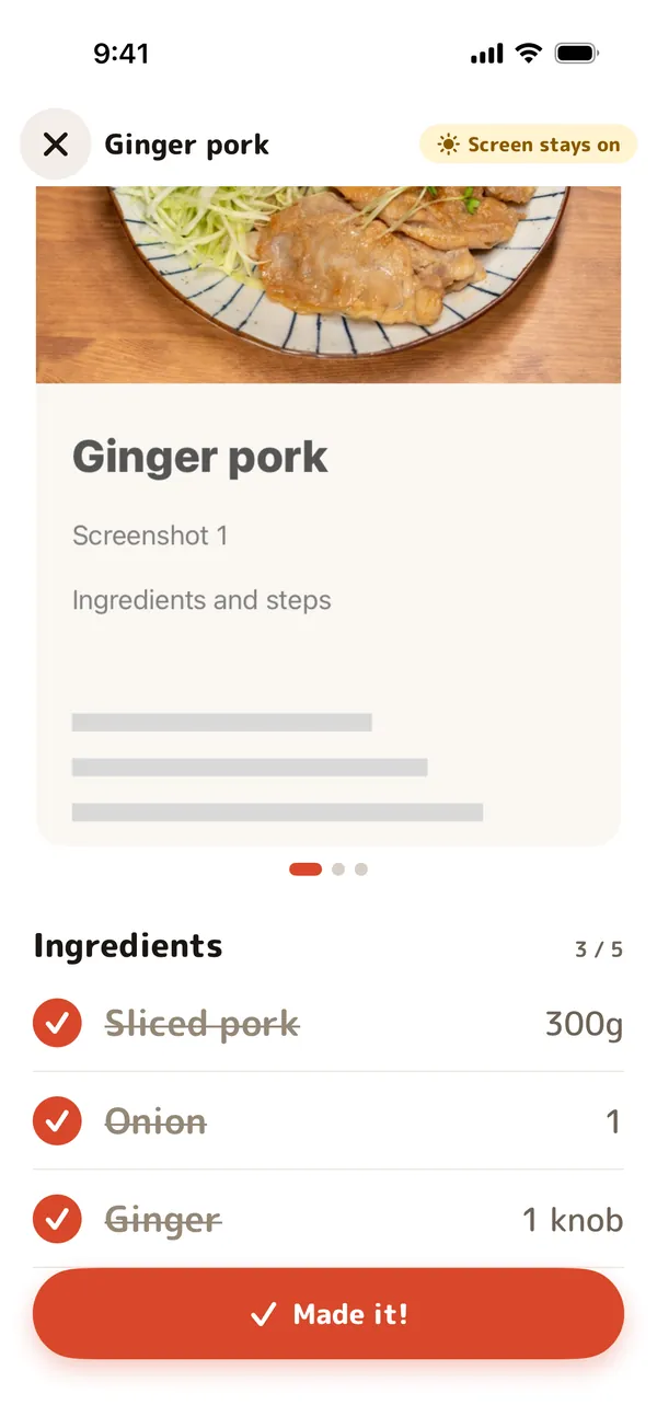 Cooking mode with the screenshots, an ingredient checklist and notes