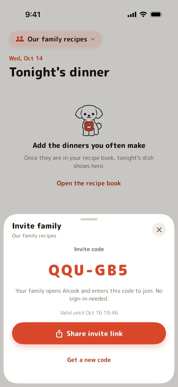 Inviting family with an invite code and a link
