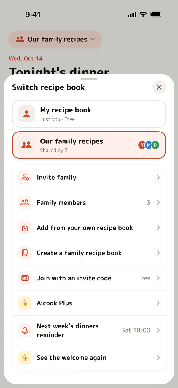 Switching between My recipe book and the family's book, Our family recipes