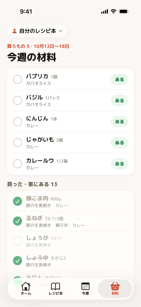 分量を足し、どの料理の材料かを表示した今週の買い物リスト