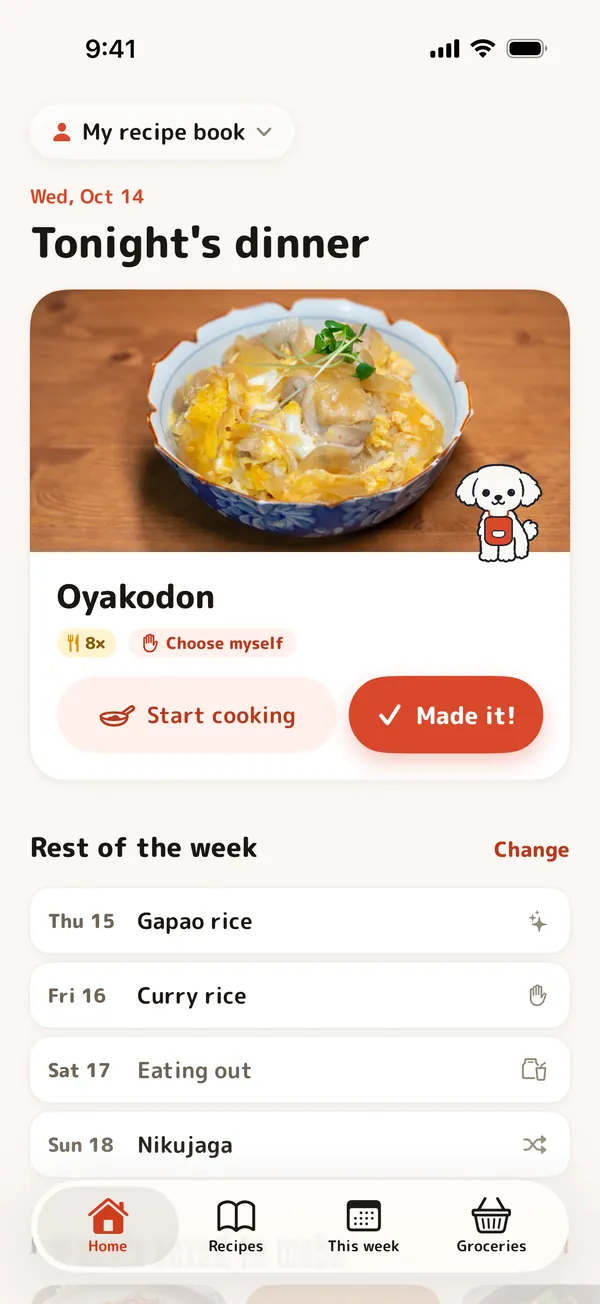 Home screen with tonight's dinner, the dog in its apron and the rest of the week