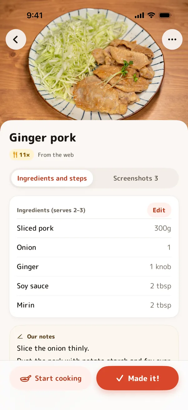 A recipe with its dish photo, how many times it was made, ingredients and our notes