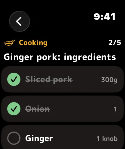 Tonight's ingredients as a checklist on Apple Watch