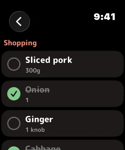 The week's shopping list on Apple Watch, with items checked off